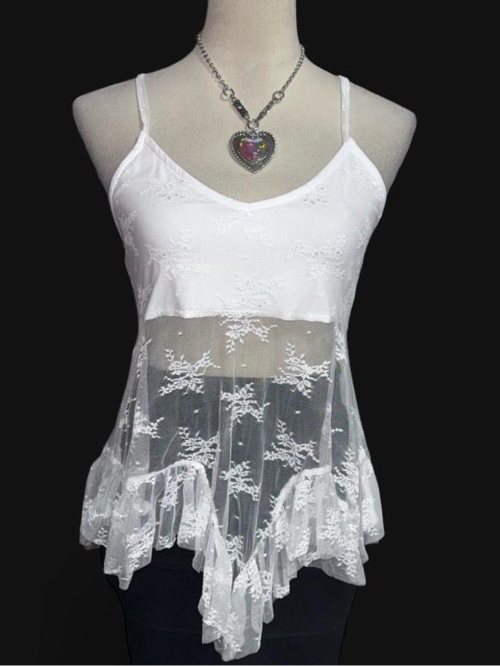 Electric behaviour White Sheer Lace Handkerchief-Hem Camisole